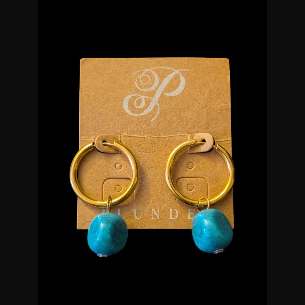 Plunder Gold Tone Dyed Howlite Faux Turquoise Dangle 23mm Hoop 37mm Earrings